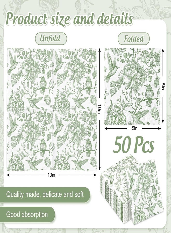 JarThenaAMCS مناديل ورقية للاستخدام مرة واحدة من JarThenaAMCS، 50 قطعة، مزينة بنقوش زهور وطيور، باللونين الأخضر والأبيض، مثالية للمشروبات والحفلات المنزلية. - Image 2